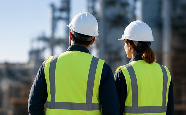 Dois engenheiros de segurança do trabalho com capacetes e coletes observando uma planta industrial