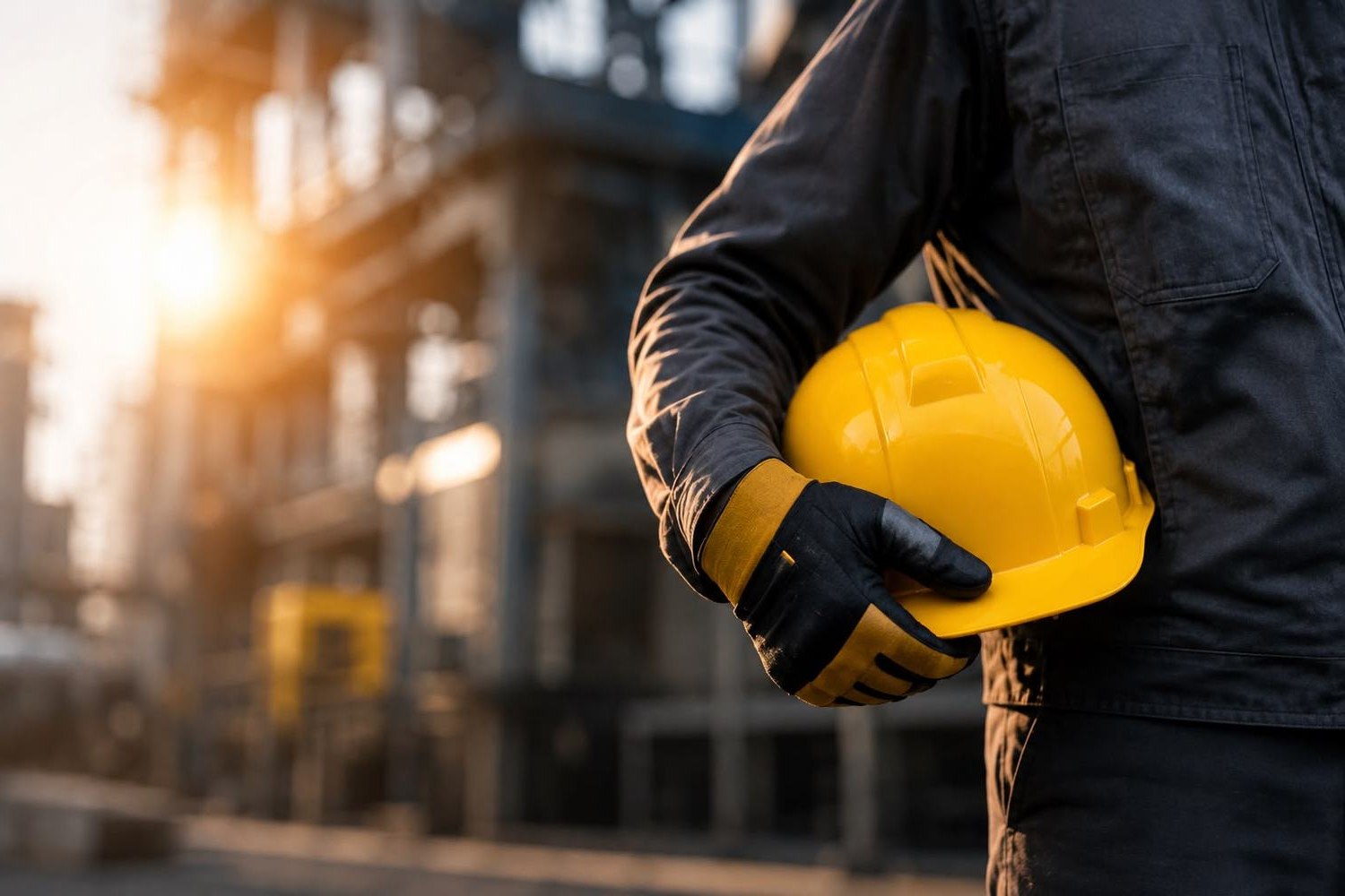 Profissional segurando capacete de segurança amarelo em área industrial